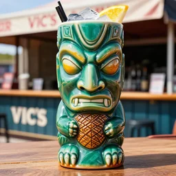 a closeup photorealistic photograph of a glossy aquaman style tiki mug sitting at an outdoor trader vic's bar featuring aquaman face. tiki theme. icy colorful drink. bright scene. fine detail. this 4 k hd image is trending on artstation, featured on behance, well - rendered, extra crisp, features intricate detail, epic composition and the style of unreal engine.