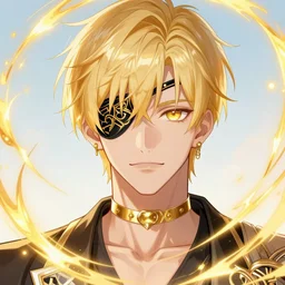 adult male ; short blonde hair ; golden accessories ; golden eyes ; bright colours ; ornate eyepatch ; idol ; golden energy swirls s ; in the style of webtoons ; digital art ; high detail ; trending on artstation ; anime key visual