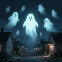 ghosts with blank eyes floating up in the sky, from a quiet neighbourhood, dramatic night ambience, glowing ghosts, artstation, sharp focus