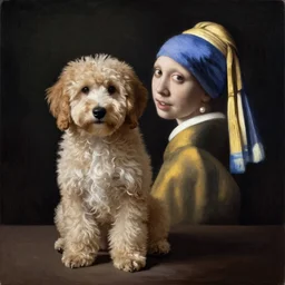 painting of a mini goldendoodle puppy, posed in the style of johannes vermeer girl with a pearl earring painting, hyperrealistic, moody lighting