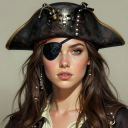 Rafeal Albuquerque comic art, Joshua Middleton comic art, pretty female Phoebe Tonkin, pirate, eye patch over one eye, evil smile, symmetrical face, symmetrical eyes, pirate clothing, long wavy blonde hair, full body:: sunny weather::