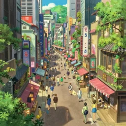 highly detailed busy modern city street, detailed shops, people walking around. in the style of spirited away, vibrant colours, hyperrealism, dynamic lighting, art by satoshi kon and studio ghibli, lush detail, award winning, pixiv fanbox, trending on artstation, by otto dix and greg rutkowski and beeple, 4 k