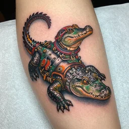 tattoo of a steampunk aligator, red, orange, green, brown and white ink, detailed, hyperrealistic trending on artstation