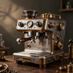 product photo of a steampunk espresso machine
