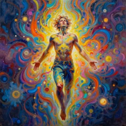 a psychedelic painting of a man transcending his humanity and becoming one with everything