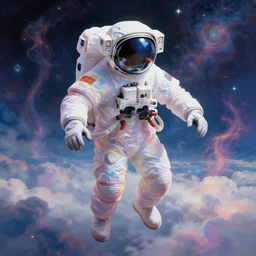 a beautiful vibrant iridescent astronaut made from clouds, spiritual science, divinity, utopian, by david a. hardy, hana yata, kinkade, lisa frank,
