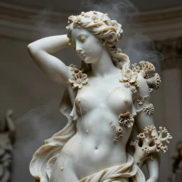 the medium shot of sculpture of a beautiful woman with flowing tears, fractal flowers and corals on the skin, intricate, a marble sculpture by nicola samori, behance, neo - expressionism, marble sculpture, made of mist, still frame from the prometheus movie by ridley scott with cinematogrophy of christopher doyle, arri alexa, anamorphic bokeh, 8 k