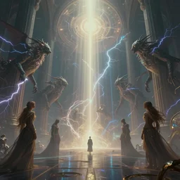 otherworldly ambient occlusion render metaphysical scifi cosmic omnipotent creatures entering the ethereal plane cathedral, art by artgerm, wlop, loish, ilya kuvshinov, muted vaporwave ombre, leading lines, fractal lightning, lichtenberg figures, vanishing point, volumetric lighting, god rays, lasers, psionics, energy waves