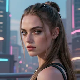 cara delevingne standing, head and shoulder shot, cyberpunk city, city background, 4k, beautiful face, trending on artstation, digital art