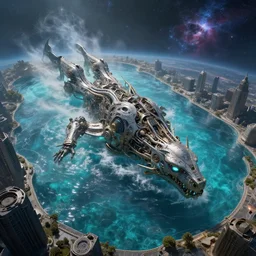 by par olofsson and tristan eaton, visually stunning, cinematic, ultra realistic, hyper realism, 1 2 k, epic, octane render, unreal engine, vfx, maya, the pool of mortal dreams : the machine itself will remain a dream, a city at the edges of the cosmos : pure and beautiful existence