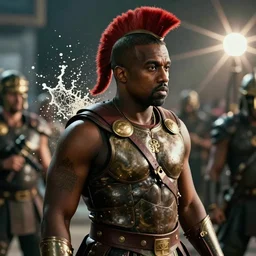 kanye west as a spartan in 3 0 0 movie, splash art, movie still, cinematic lighting, ray tracing, octane render, long lens, shallow depth of field, bokeh, anamorphic lens flare, 8 k, hyper detailed, 3 5 mm film grain