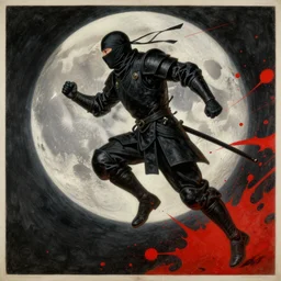 ninja in black armor running to moon light with red splatters around, monumental painting by gerrit van honthorst and hajime sorayama and william blake, illusion surreal art, highly conceptual figurative art, intricate detailed oil illustration, controversial poster art, polish poster art 1 9 8 0