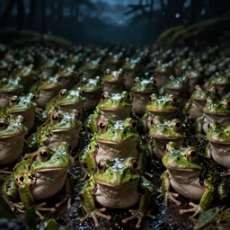 hundreds of frogs staring at the viewer, dark atmosphere, night time, realistic