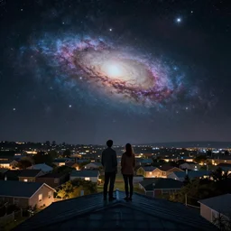 a man and a woman standing on the roof of a house, looking out across suburbs that stretch on forever, the night sky is filled with stars and the andromeda galaxy is large and bright