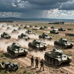 digital art of world war second, land troops and armoured tanks on march, hyper realistic, in style of zima blue