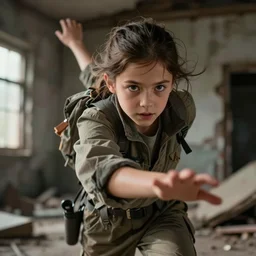 a dramatic pose of a beautiful girl, aged 2 5, wearing explorers clothes, closeup, in action, dramatic face angles, motion blur, ruined building background, photo realistic, hyper detailed, trending on artstation, unreal engine 5, octane render, 8 k, by martin schoeller