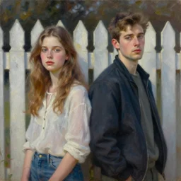 a girl on the left side of a picket fence and a guy on the right side of a picket fence, oil on canvas