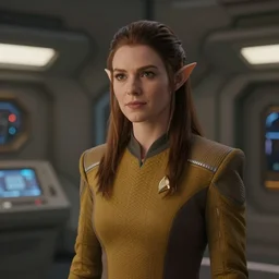 4K video of young attractive high-fantasy elf woman in Star Trek, scene where she is on Deep Space Nine, photorealistic, soft light, cinematic lighting, sharp, camera