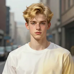 portrait of the most beautiful young male ever, modern style, by greg rutkowski and alphonse mucha, d & d character, gradient white to gold, highly detailed portrait, in front of an urban background, digital painting, artstation, concept art, smooth, sharp focus ilustration, artstation hq