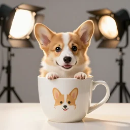 beautiful cute little corgi inside a cup, photo studio, professional photo, professional lighting, sunlight, trending on instagram, hdr, 8 k