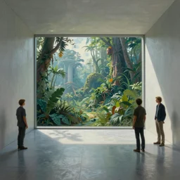 a futuristic minimalistic tiled room with a view of a utopian jungle, tim hildebrandt, wayne barlowe, bruce pennington, donato giancola, trending on artstation, cinematic composition, beautiful lighting, hyper detailed, 8 k, oil on canvas