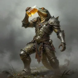 strengh human - body lizard drinks beer, human legs, beer, glass, beer mug in hand, intricate, triumphantly, foggy background, full body art, dark souls, drawing, concept art, artstation, digital painting