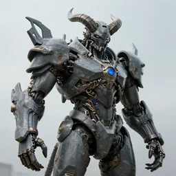 Techno-God is an ancient mechanical gray giant chaotic horned humanoid, digital art, 16k, hyperrealism, high detail, ray tracing, concept art, octane render