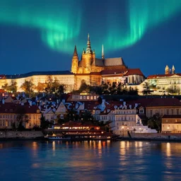 a view from the river an ancient medieval castle city resembling prague, paris, and venice at night with northern lights in the sky, intricate, elegant, highly detailed, digital painting, artstation, concept art, smooth, sharp focus, colored illustration for tattoo, art by thomas kincade, krenz cushart and artem demura and alphonse mucha,