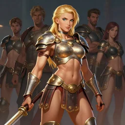 portrait of samus aran as a very attractive female bodybuilder roman soldier, elegant, fantasy, hd shot, digital portrait, beautiful, artstation, comic style, by artgerm, guy denning, jakub rozalski, magali villeneuve and charlie bowater