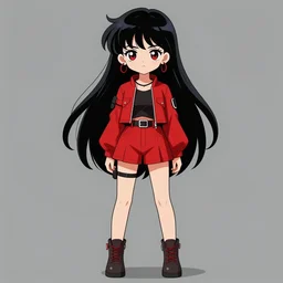 anime girl with a detailed face and black hair in a red outfit, full body photo, illustration
