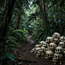dimly lit path through the jungle, large pile of skulls nearby, lush, dense jungle, award winning, by Oliver beck and Marc simonetti