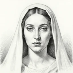 Close-up of the cenobite woman, pencil drawing. El Greco, Remedios Varo, Salvador Dali, Carl Gustav Carus, John Atkinson Grimshaw. Blue tint. Symetrical, logo, geometric shapes.