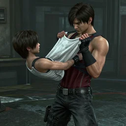 chris redfield lifting up leon s. kennedy by his shirt. resident evil, ps 4 screenshot