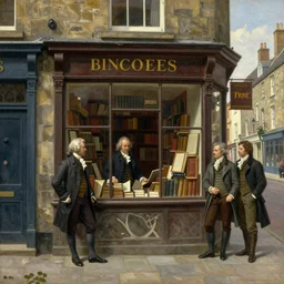 jean-Baptiste Monge and Solomon Joseph Solomon and Richard Schmid and Jeremy Lipking victorian genre painting painting of an english 19th century english bookshop store front on a stone city streat with shops and stores