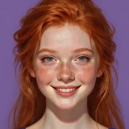 close up portrait of a beautiful girl with red hair and freckles, happy intricate, elegant. highly detailed, digital painting, artstation, concept art, smooth, sharp, focus, illustration. background is purple, art by artgerm and greg rutkowski and alphonse mucha,