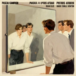 a man looking into a giant mirror, limited neutral palette, by pascal campion, petros afshar, anton fadeev, dean ellis, randolph stanley hewton, beautiful graphic, propaganda poster art 1 9 7 0 s illustrated advertising art, painterly design