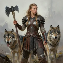 gorgeous!! hyper - realistic single!!! woman resembling alicia vikander as a battle - worn viking warrior wielding a giant axe, accompanied by a dire wolf | intricate, highly detailed, digital painting, character design, character concept art | drawn by wlop, drawn by jeehyung lee, drawn by artgerm, drawn by peter kemp