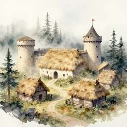 paint brush strokes, abstract watercolor painting of rustic village fortress, pine trees, mysterious mythology, medieval straw roof, scandinavian viking age, fog, ambient lighting, art by hans dahl, by jesper ejsing, art by anders zorn, extremely detailed, wonderful masterpiece by greg rutkowski, cinematic light, american romanticism by greg manchess, creation by tyler edlin