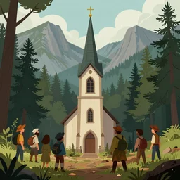 a group of fortune hunters find a church steeple buried in the ground. artstation, illustration, concept art, forest, mountains, movie