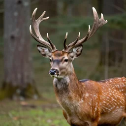 a national geographic photo of deer that has red color skin in forest, f 2,0, telephoto, fine deatils