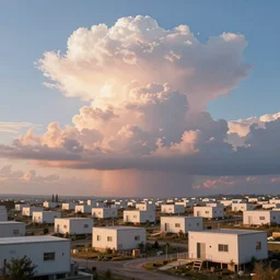 scifi concept art of a futuristic suburb, by greg rutkowski, modular minimalistic houses, cumulonimbus clouds, sunset, nostalgic, very very very beautiful art, cinematic lighting, bright pastel color, blue sky