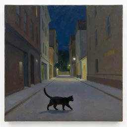 oil painting of a black cat walking down a street at night, wide angle, tall buildings