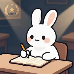 a cute cartoon rabbit sitting at a table and writing on a notebook, antgerm, vector art