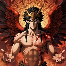 4 k headshot of godlike hermes with defined arms and open hands and bloody clothes with giant mandala wings, intricate face, flawless anime cel animation by kentaro miura, psychedelic, highly detailed upper body, professionally post - processed, beautiful, scary, symmetry accurate features, epic, octane rendered, anime masterpiece, accurate