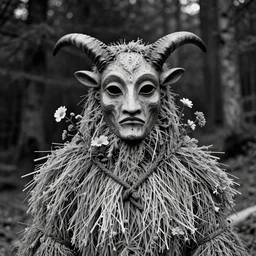 portrait of a tyrolean folklore mask, dolomite, forest, wearing hay coat, with horns, eerie, flowers growing out of his body, detailed intricate insanely detailed octane render, 8k artistic 1920s photography, black and white, grainy, photorealistic, chiaroscuro, by David Cronenberg, Raphael, Caravaggio