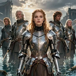 detailed ultrarealistic photography front medium shot of templar knight paladin girl, fantasy, waterworld, postapocalyptic, cyberpunk cyborg, leyendecker, norman rockwell, greg rutkowski, ross tran, artstation cinematic, vray game of thrones, lord of the rings, starwars