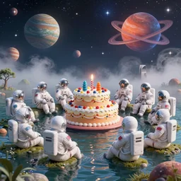 twelve cosmonauts sitting by the river with a big holiday cake + octane render + ue 5 + planets and stars + mystical fog + psychedelic colors + trippy colors + super detail, high quality