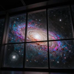 a beautiful and colorful galaxy seen through large glass windows from indoors, 4 k photograph
