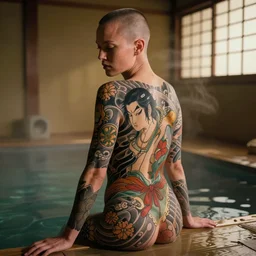 Kate Moss with shaved head, with yakuza Japanese full body tattoo, in hot spring house