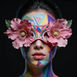 a pretty future woman face, skin as colorful geometric patterns, half masked by flower, intricate, symmetrical, volumetric dramatic light, dark black background, sharp focus, highly realistic, octane render